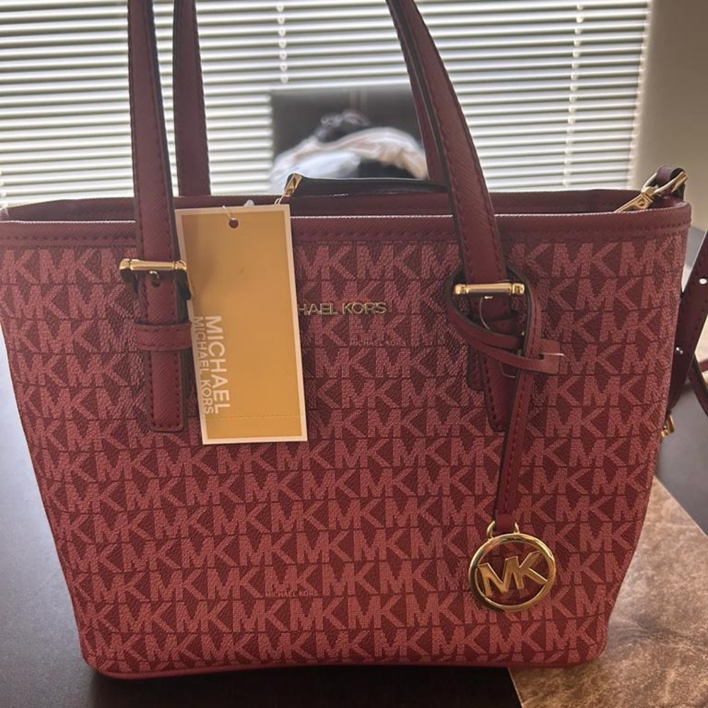 Michael Kors Red Tote with MK Logo and Leather Handles - Picture 7 of 12